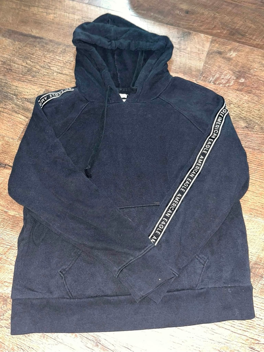 American Eagle Outfitters Navy Hooded Pullover with Logo Sleeve Tape